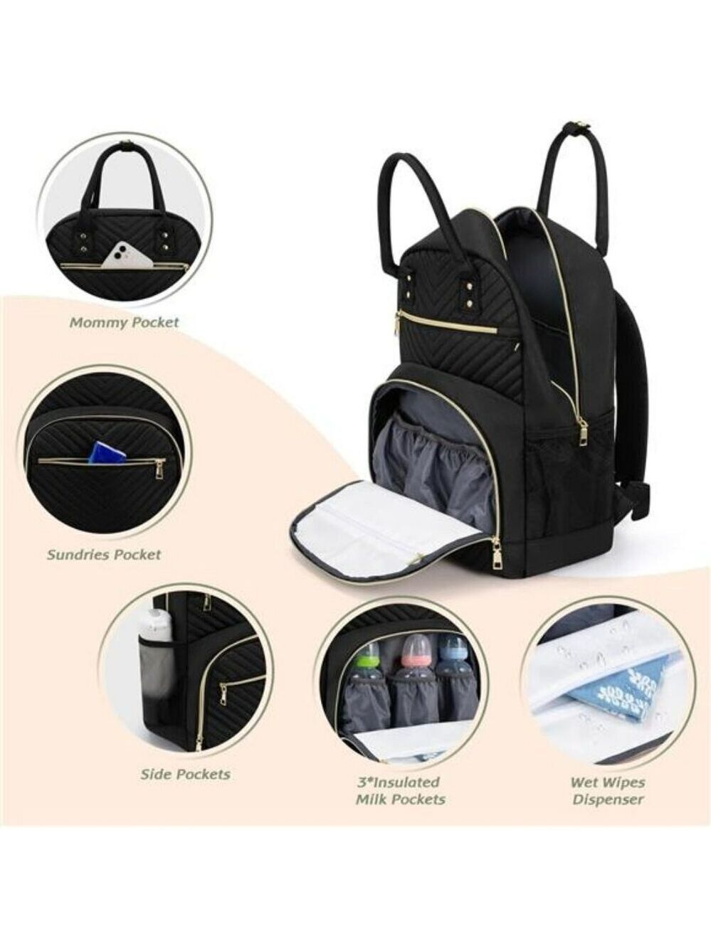 Diaper Bag Backpack Large Capacity Baby Travel Bag with Pacifier Holder Black - Picture 3 of 8